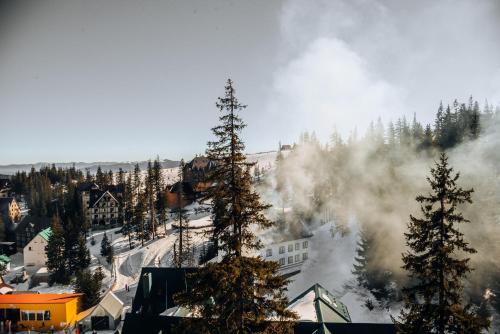 a snow covered city with trees and buildings at Маріна Драгобрат in Dragobrat