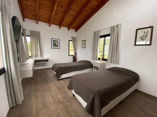 a bedroom with two beds and two windows at Casa en Ascochinga B.° cerrado. Sierras de Córdoba in Cordoba