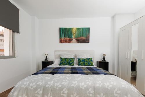 een witte slaapkamer met een bed met 2 kussens bij Casa Carmen in Málaga