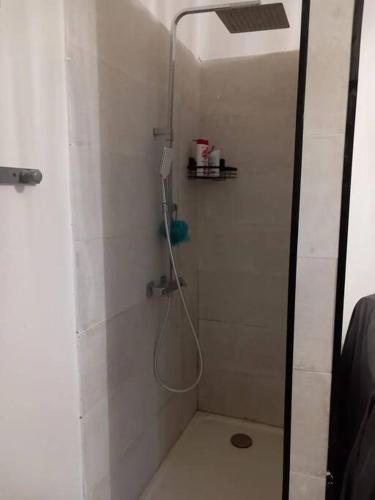 La salle de bains est pourvue d'une douche avec un tuyau. dans l'établissement location appartement Berck 350 m de la plage, à Berck-sur-Mer