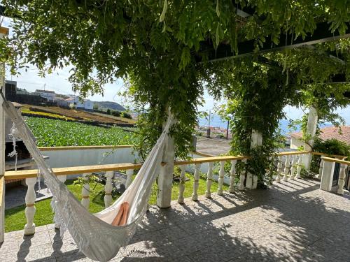 a hammock hanging from a fence with a field of flowers at Casa do Alemao in Porto Judeu