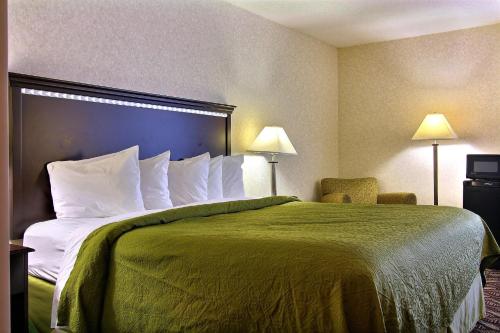 Pokój hotelowy z dużym łóżkiem z zieloną narzutą w obiekcie Mansfield Hotel w mieście Mansfield