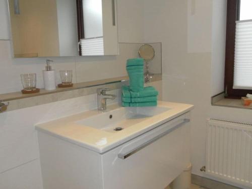a bathroom sink with a green towel on it at Huus Schippe "Collund" in Maasholm-Bad