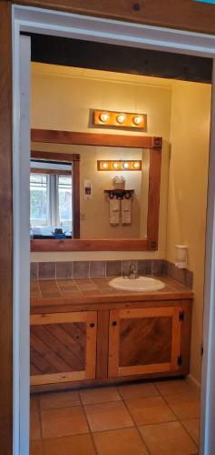 a bathroom with a sink and a mirror at Apache Motel in Moab