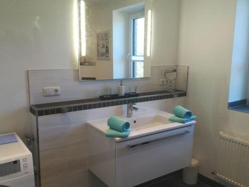 a bathroom with a sink and a mirror at Huus Schippe "Stockholm" in Maasholm-Bad