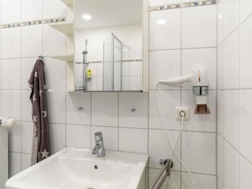 een witte badkamer met een wastafel en een spiegel bij Baltic Seaperle with swimming pool in Barendorf