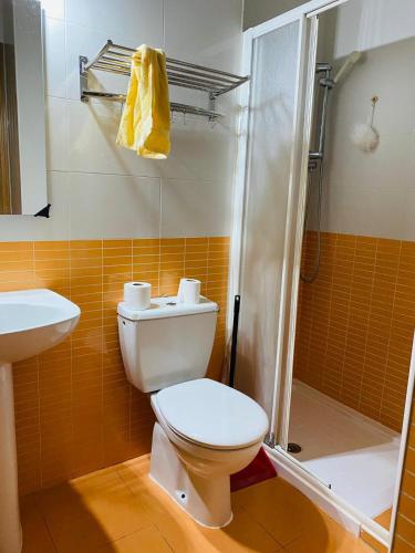 een badkamer met een toilet en een douche bij C.Grafito 22 in Torrejón de Ardoz