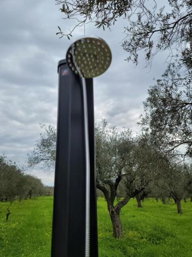 a black pole with a microphone in a field at Bingo in Alghero