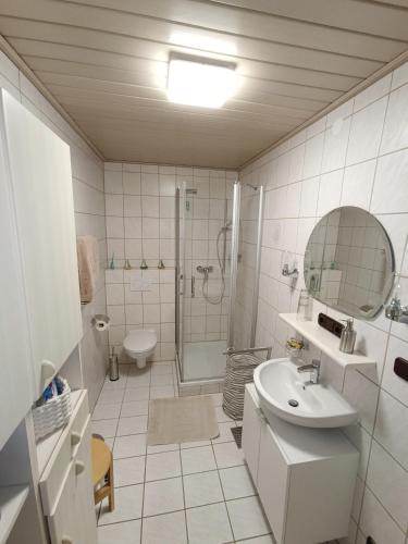 a bathroom with a sink and a shower and a toilet at Ferienwohnung Dorothea in Kulmbach