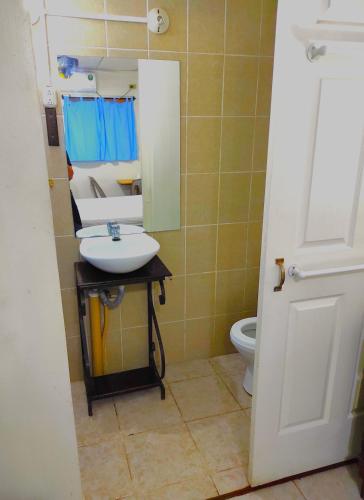 Un baño con lavabo, espejo e inodoro. en Orison Hostels Managua, en Managua