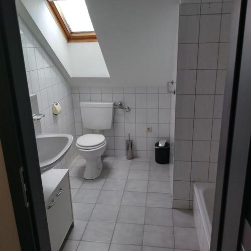 a white bathroom with a toilet and a sink at Pension Goldenes Vogtland in Adorf