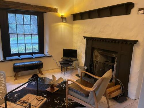 a living room with a fireplace and a television at Glandwr Lodge, 3 bed in Barmouth, Wales in Barmouth
