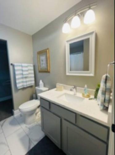 a bathroom with a sink and a toilet and a mirror at Modern 3-bedroom condo with gas fireplace in Bettendorf