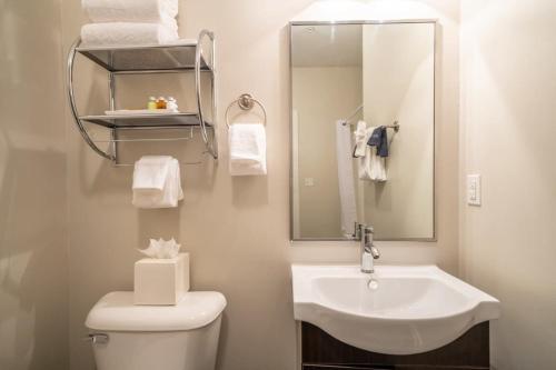 a bathroom with a sink and a toilet and a mirror at CozySuites MusicRow Astonishing SDO with free parking 08 in Nashville
