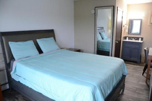 1 dormitorio con 1 cama grande y espejo en Stone Creek Inn, en Worth