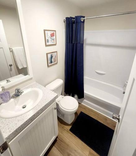a bathroom with a sink and a toilet and a shower at The perfect get away home in Garden City