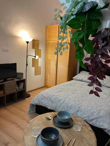 ein Schlafzimmer mit einem Bett und einem Tisch mit Tellern darauf in der Unterkunft Studio Lumineux proche Paris et Orly in Savigny-sur-Orge