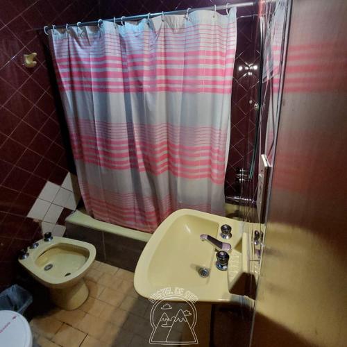 a bathroom with a sink and a shower curtain at Hostel De Oto in Godoy Cruz