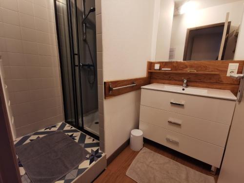 La salle de bains est pourvue d'un lavabo et d'une douche. dans l'établissement Gite aventure - Piscine chauffée - Parking privé, à Névez