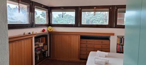 a bedroom with a bed and windows in a room at Locazione Turistica Via Del Pucino in Grljan