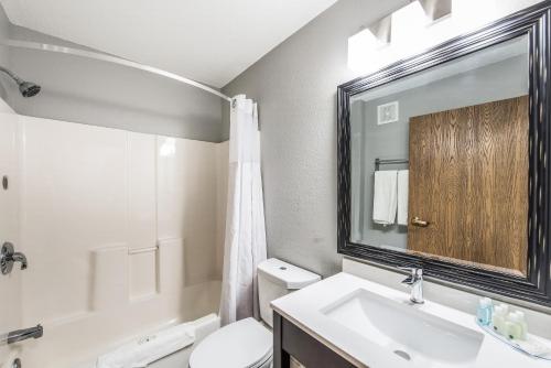 a bathroom with a sink and a toilet and a mirror at Quality Inn Owatonna near Medical Center in Owatonna