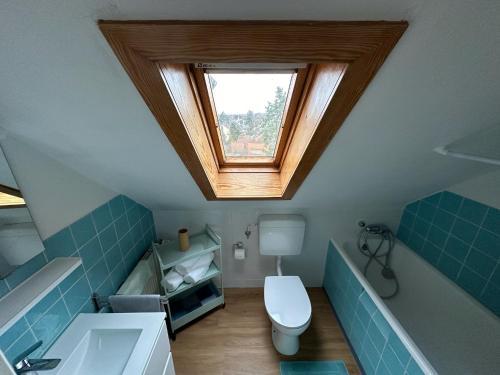 a bathroom with a toilet and a skylight at Cleo Apartments in Kassel