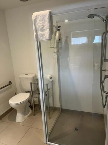 a bathroom with a toilet and a glass shower at Apartment by the Marina in Whitianga