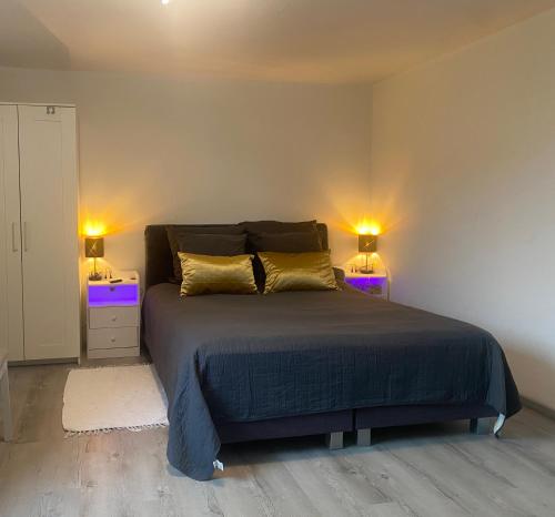 Un dormitorio con una cama con dos luces. en Hübsches Cottage in ehemaliger Gärtnerei, en Meerbusch