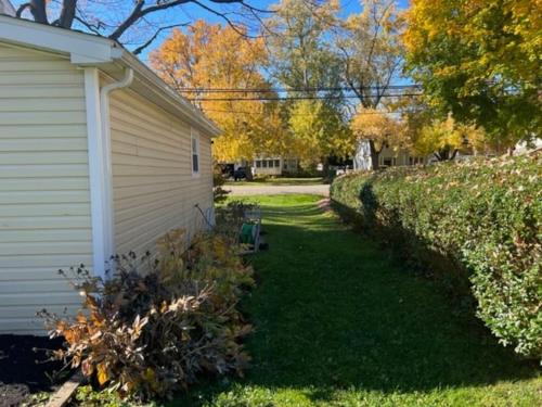 einen Hof neben einem Haus mit einem Gebäude in der Unterkunft Theos Cottage Niagara in Lewiston