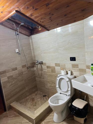 a bathroom with a toilet and a shower and a sink at Deluxe Hotel in Berat