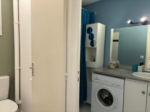 Ozillac的住宿－Les clés de Jonzac-conciergerie Nid de Douceur，一间带洗衣机和水槽的浴室