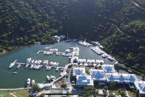 an aerial view of a marina with boats in the water at studio :paradise beach in Anse Marcel 