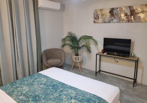 a bedroom with a bed and a tv and a chair at Ocean Crest Villas in Castries