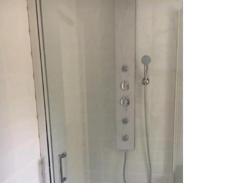 prysznic ze szklanymi drzwiami i głowicą prysznicową w obiekcie Romantic holiday home in Précy with garden w mieście Précy