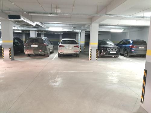 un garaje con varios coches aparcados en él en AIRPORT-TAXI-PARKING-Card en Chisináu