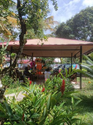 un padiglione in un giardino con fiori e piante di La Tranquera a San Ramón