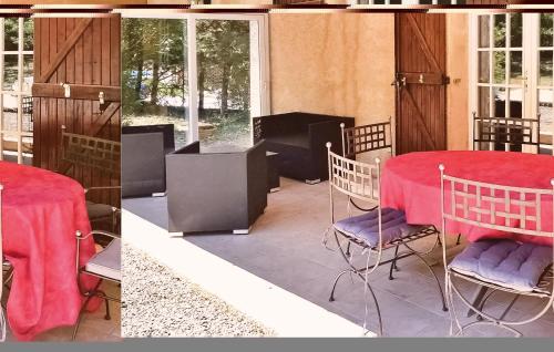deux images d'une table avec un tissu de table rouge dans l'établissement Awesome Home In Fayence, à Fayence