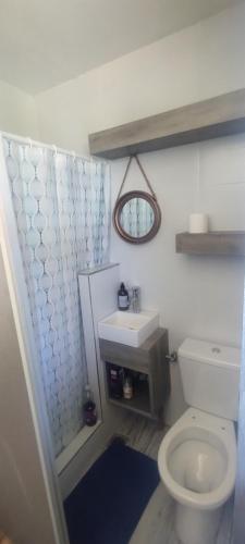 a bathroom with a white toilet and a sink at Aires de Chacras in Chacras de Coria