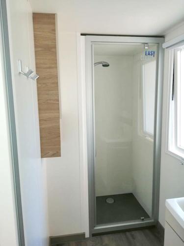 une douche avec une porte vitrée dans une salle de bain dans l'établissement Bungalow charmant à Condrieu avec piscine partagée conviviale, à Condrieu