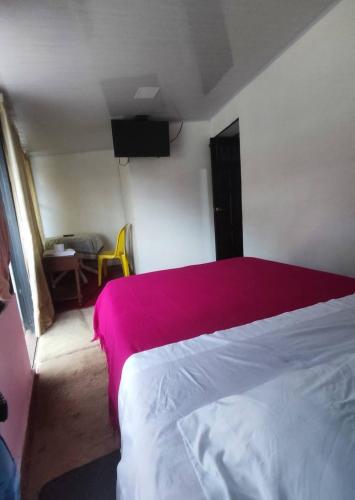 1 dormitorio con 1 cama grande con manta rosa en Hotel el scape, en Llano Grande