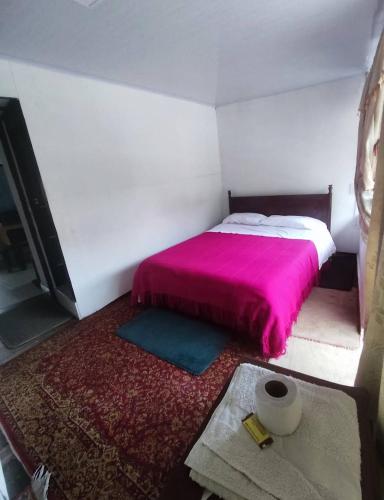 Un dormitorio con una cama con una manta rosa y una mesa en Hotel el scape, en Llano Grande