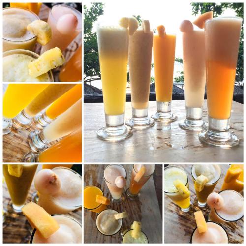 a collage of pictures of drinks with fruit and eggs at Dive and Trek Resort and Marine Sanctuary in Bauan