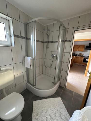 y baño con ducha y aseo. en Ferienwohnung Panorama Oberkirn, en Oberkirn