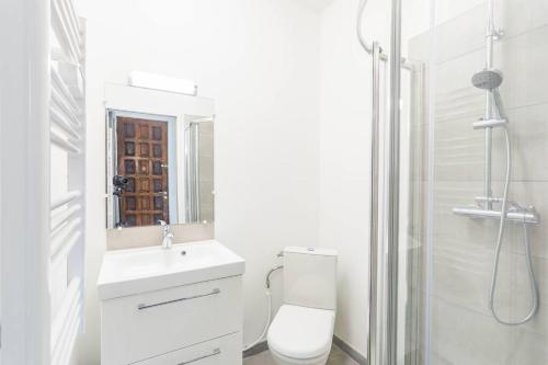 une salle de bain avec toilettes, lavabo et douche dans l'établissement Logement avec jardin 19min Paris, à Eaubonne