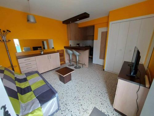 un salon avec une cuisine aux murs jaunes dans l'établissement Studio climatisé pour 2 avec parking privé au cœur de Marseillan - FR-1-326-804, à Marseillan