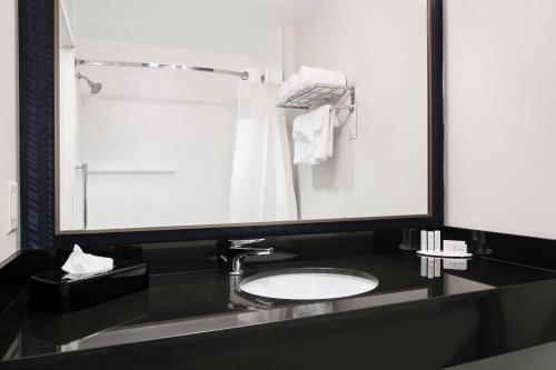 a bathroom with a sink and a large mirror at Fairfield Inn Manhattan, Kansas in Manhattan