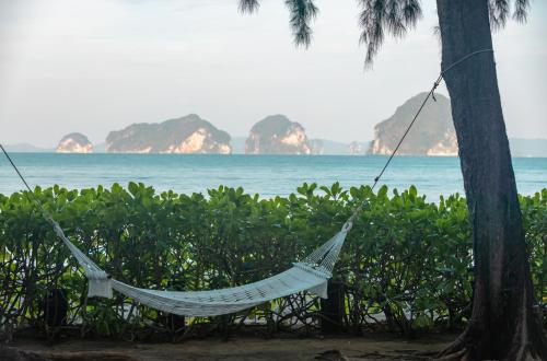 a hammock hanging from a tree next to the beach at Tup Kaek Sunset Beach Resort-SHA Plus in Tab Kaek Beach