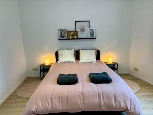 ein Schlafzimmer mit einem großen Bett mit zwei Kissen in der Unterkunft Maison en plein centre de Ciney in Ciney