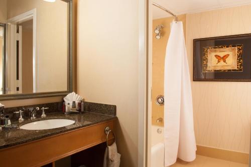 a bathroom with a sink and a mirror and a shower at Greenville Marriott in Greenville