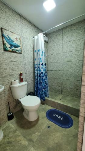 a bathroom with a toilet and a shower at Sanbar House in San Bartolo